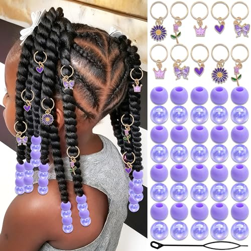 Zosutetoxo 50 Stück Lila Haarperlen für Braids & Dreadlocks – Haarschmuck Set mit Blumen, Herz & Krone Clips – Bunte Zopfperlen & Loc Beads für Mädchen & Damen – DIY Flechtfrisuren Zubehör (Purple)