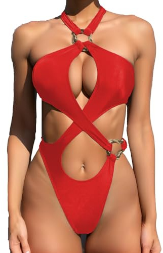 ZC8bdbd Women's Sexy Thong Monokini One Piece Cut Out Swimsuit Women Halter Female Bathing Suit Swim Beach Wear, Red, Medium