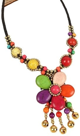 YOPI Coiffe de fleur turquoise de style ethnique rétro avec pompon en forme de cloche - Collier en chaîne tissée sur le front(Color)