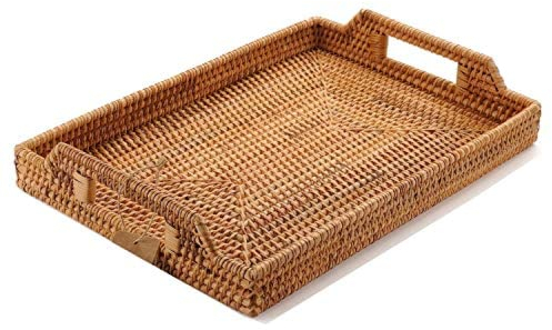 YANGQIHOME Bandeja de Ratán con Asas, Bandeja de Servicio de Mimbre para el Desayuno, Bebidas, Refrigerios (37cm)