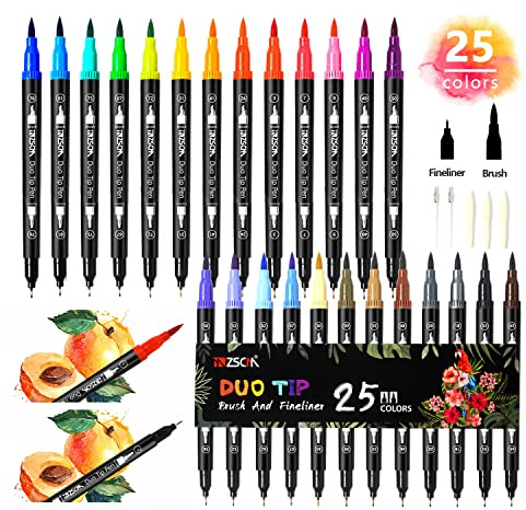 ZSCM 25 Fine Tip Markers, with Watercolor Markers, Double Fine Tip, for Adults, Coloring Books, Calligraphy and Drawings, Illustrations, Sketches…