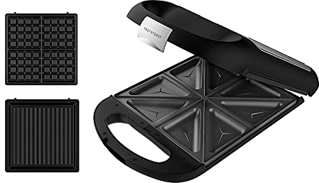 Cecotec Sandwichera Rock'nToast Family 3in1. 1500 W, Capacidad para 4 Sandwiches, Revestimiento Antiadherente, 3 Placas Intercambiables, Rapidez y Tostado uniforme, Acero Inox