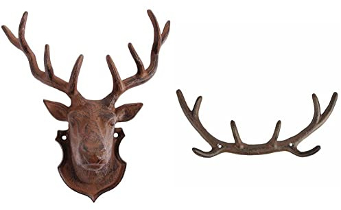 Esschert Design Wanddekoration Hirschkopf mit Geweih aus rötlichem Gusseisen, ca. 27cm hoch, 22,5 cm breit und 10 cm tief & Wandhaken, Garderobenhaken Motiv Geweih