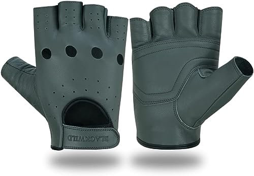 BLACKWILD Fingerlose Handschuhe | Ohne Finger Leder Motorradhandschuhe Herren und Damen| Fingerlos Fahrradhandschuhe,Gym Fitness Handschuhe auch für MTB und Taktische (Grau, L)