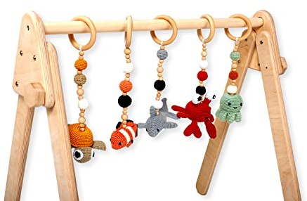 Baby Gym Spielwiese | Aktivitätzentrum für Baby Neugeborenes Kleinkind | Spielstation für die Bauchlage | Trapez spielen mit natürlichem Anhänger | Spielbogen Baby(BabyGym(Meer)-Personalisierung)