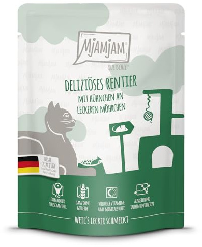 MjAMjAM - Premium våtfoder för katter - Quetschie - utsökt renkött med kyckling och läckra morötter, 1 förpackning (1 x 300g), spannmålsfritt med extra kött