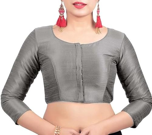 Fashnkart Indian Bollywood Dupion Silk Saree Blouse Party Wear Readymade Sari Blouse for Women Round Neck Front Open