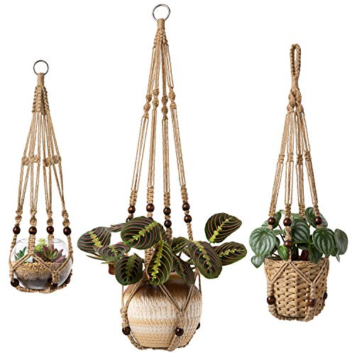 Mkouo Juego de 3 cestas colgantes de macramé para macetas, cuerda de yute con perlas sin borlas, 58 cm/73 cm/89 cm