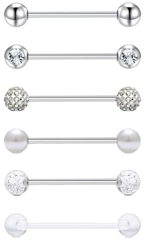 Gojewen 6 st tungpiercing kirurgiskt stål 16 mm stavlängd piercing tunga tongue smycke 14 g, olika kulor silver, svart, guld