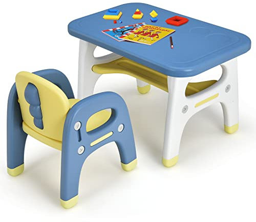 GOPLUS Mesa Infantil con Silla en HDPE, Mesa de Actividades con 3 Bloques, Silla Dinosaurio, Grupo de Asientos para Niños con Estante de Almacenaje, Ideal para Guardería, Jardín de Infancia (Azul)