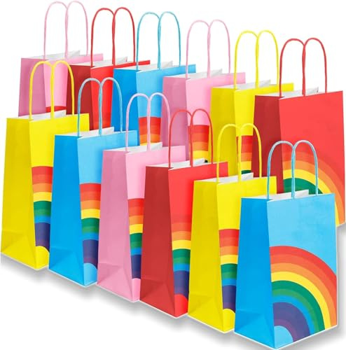 16 Pcs Rainbow Party Bags with Handles,4 Colour Paper Party Bags, Brightly Colored Party Bag for Kids Party Presents Celebrations Christmas Wedding Birthday (13 x 8 x 22 cm)