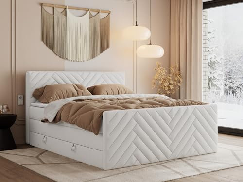 MKS MEBLE Boxspringbett 180x200 mit Bettkasten Matratze H3 - Paris King Duo - Weiß Kunstleder
