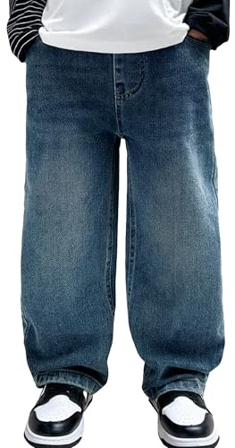 Happy Cherry Garçons Jeans Jambe Large Mode Baggy Jean Élastique Taille Pantalon Large en Denim Bleu avec Poches pour Enfants 10-11 Ans