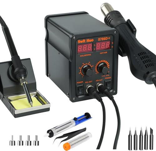 Estación de Soldadura de Aire Caliente 750W, kit de Estación de Soldadura 8786D+ con 5 Soldadura,Alambre de Soldadura, Pinzas, Bomba Desoldadora kit de Estación de Retrabajo para Electrónica