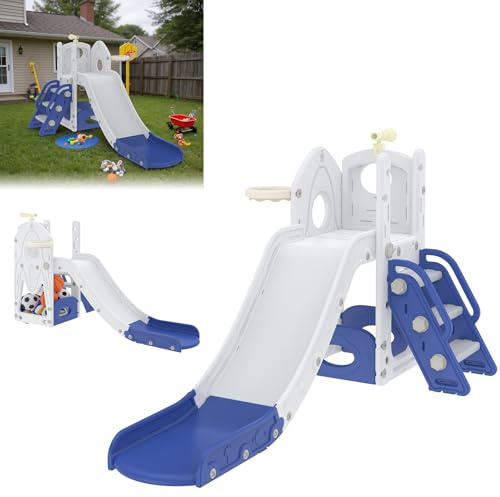 LZQ Scivolo per bambini, in plastica con scivolo lungo e cestino da basket, scivolo per bambini con spazio e scala, parco giochi per bambini, set da gioco per bambini da 1 a 6 anni (tipo D)