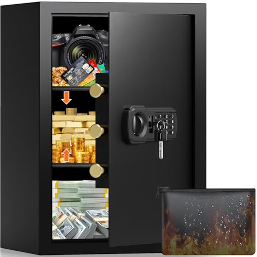 65L Großer Feuerfester Tresor Safe mit Feuersichere Dokumententasche, Digitaler Möbeltresore mit 2 Schlüssel & Herausnehmbarem Regal, Elektronischer Tresor für DIN A4 Ordner Bargeld Medikamente