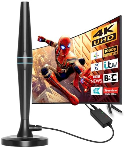 Indoor TV Aerial, Long Range Digital TV Aerial for Smart & Older TVs with Signal Booster, Magnetic Base, TV Antenna for Freeview Support 4K 1080P HD Local Channels & 18ft HD Cable (M-Black)
