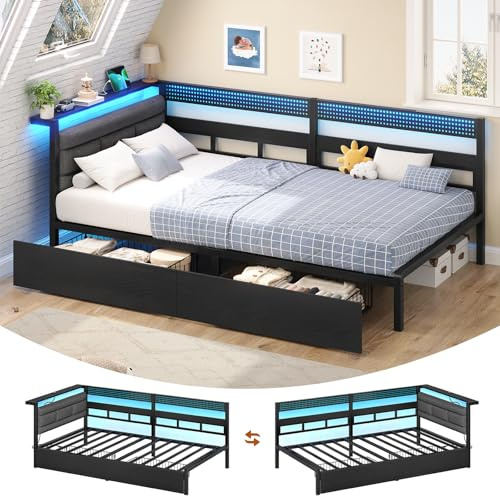 Cama tapizada sofá cama 90 x 200 cm con iluminación LED, estación de carga, Marco de Camas de día juvenil con 2 cajones y somier de láminas de metal, cabecero acolchado con estante abierto, Negro