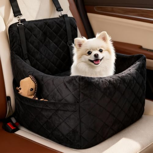 Seggiolino Auto per Cani di Taglia Piccola e Media, Seggiolino Rialzato per Cani fino a 15 kg, Sfoderabile e Lavabile, Letto da Viaggio per Auto con Tasche Portaoggetti e Cintura di Sicurezza per Cane