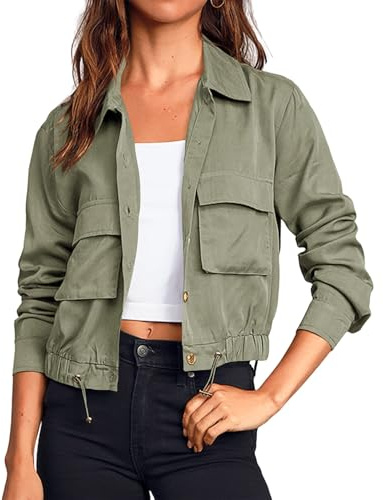 Cicy Bell Women's Military Safari Cropped Jackets Button Down Lightweight Oversized Utility Anorak Coat with Pockets