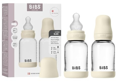 BIBS Baby Glass Bottle. Lot de 2. Anti-colique. Embout rond en Silicone. Favorise l’allaitement naturel, Complete Set - 120 ml (Pack of 2), Ivory