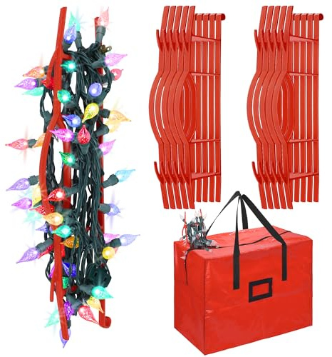 RUODON 12 Pack Christmas Lights Storage Holders with Storage Bag Hanging Rope Cord String Winder Organizer Holiday Lights Storage Hold Up to 164 Feet for Tree Lights, Electric Cords, Garlands (Red)