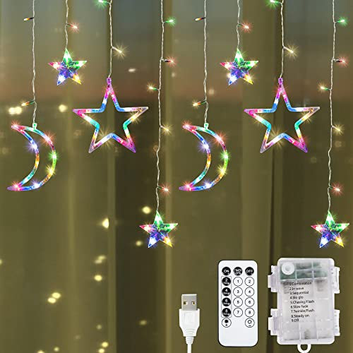 GloBrite Christmas Decorations Curtain String Lights - 138 LED Curtain w/Star & Moon Shapes, USB or Battery Powered Fairy Lights for Bedroom, Garden & Patio w/Remote, 8 Modes & Memory - Multi Colour