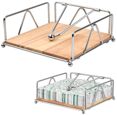 Natuce Serviettenhalter Metall Holz, Serviettenspender mit Gewichteter Stange, Moderner Serviettenständer, Papierserviettenhalter, Taschentuchspender für Küchen Restaurants Bar -16.7x16.7cm (Silber)