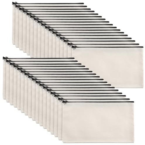 HEIHAK Lot de 40 Trousses de Maquillage en Toile Vierge avec Fermeture éclair, 21 × 12 cm, Trousse à Maquillage Multifonction en Toile pour Peinture, école, Bricolage, Voyage, Organisateur, Beige