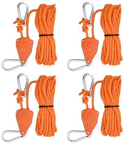 4 Stycken Tält Reflekterande Rep, 4 mm Justerbar Spärrkrok, 5M Lätt Camping Rep, Rope Ratchet Paracord Rep, Tent Guy Ropes med Spännare för Utomhusvandring (Orange)