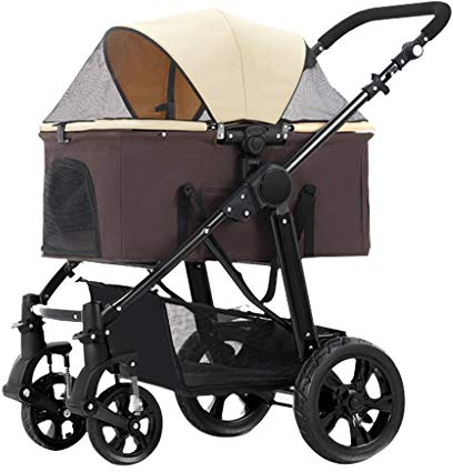 Reisebuggy, Haustierbuggys für mittelgroße und kleine Hunde, verbesserter Hundebuggy, Katzenbuggy mit reißverschlusslosem Einstieg und abnehmbarer Tragetasche (braun) (braun)