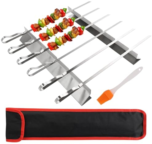Grillspieße Grillgestell Set, 6 Stück Edelstahl Spieße(43cm) + Grillspießhalterung Fleischspieße Halterung mit Ölpinsel für Gasgrill & Holzkohlegrill für Fleisch, Gemüße, Outdoor Barbecue