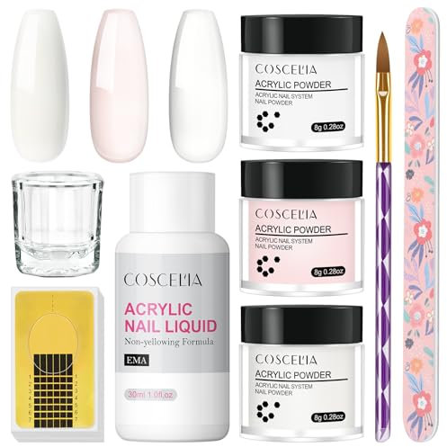 COSCELIA Kit Uñas Acrilicas 3 * 8g Acrilico para Uñas Profesional de Blanco Rosa Transparente 30ml Monomero Kit de Acrílico Para Extensión de Uñas Acrílicas Regalos Principiantes