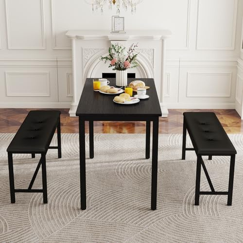 FOCALSWEET Dining Table Set for 4, Kitchen Table with 2 Leather Benches, 3-Piece Wood Dining Room Furniture Dinette Chairs Sets for Breakfast Nook and Small Space, Black