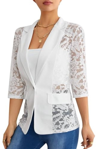 Womens Lace Blazer Open Front Sheer Mesh 3/4 Sleeve Casual Blazer Jacket | Lace Fabric, Sheer Mesh, Open Front, 3/4 Sleeve, Casual Blazer, Elegant Work Office Jacket,Lightweight Outerwear