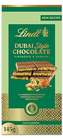 Lindt Dubai Style Chocolate Bar, Milk Chocolate with Pistachio and Crunchy Pastry, Made in Germany
