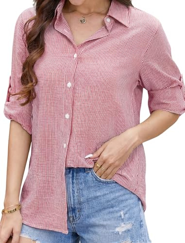 Enmain Womens Striped Shirt Button Down Long Sleeve Linen Shirt Women Cotton Casual Summer Collared Work Office