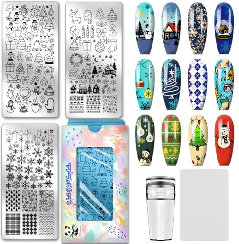 PH PandaHall 3pcs Noël Kit de Plaques D'Estampage pour Ongles Motif Noël et Hiver Pochoirs D'Art D'Ongles en Acier Inoxydable avec Tampon et Grattoir pour Manucure et Salon de Coiffure Décoration