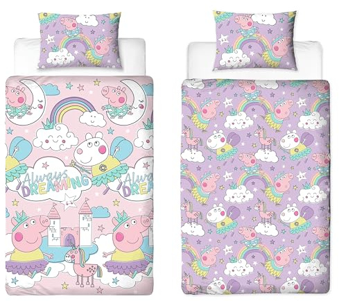 Peppa Pig Official Single Bed Duvet Cover Set | Bedtime Design Reversible 2 Sided Pink and Lilac Bedding Including Matching Pillow Case