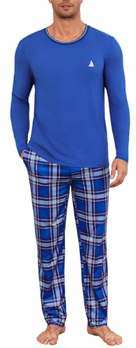Jahetuul Pyjama Homme en Coton 2 Pièces avec Pantalon Col Rond à Carreaux