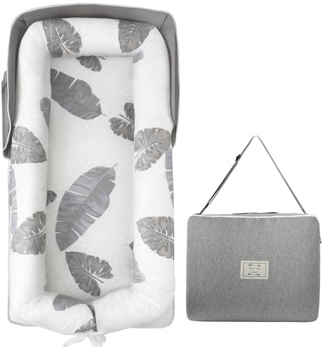Portable Baby Lounger - Foldable Infant Lounge with Adjustable U-Shaped Bumper & Storage Bag, Breathable Cotton Snug Spot for Supervised Rest & Play at Home or On The Go,Gray Leaf
