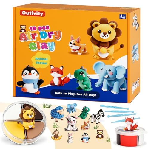 Air Dry Clay Kit for Kids, 12 Animal Crafts Modeling Clay Model Magic, Clay Kits with Sculpting Tools & Tutorials, Safe & Non-Stick DIY Art Crafts, Toys Gift for Ages 3-12 Boys & Girls