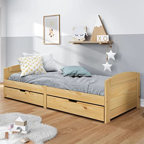 Versear Letto Singolo con Contenitore 90x200, Letto Singolo con 2 Cassetti, Divano Letto 2 Posti, in Legno Massello Pino iRun 90x200 cm
