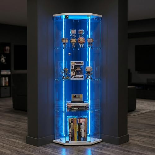 Zorvani Vetrina angolare in vetro a LED, vetrine in vetro 4 ripiani 1 ante, mobile vetrina vetri serratura armadio in vetro vetrine a cinque angoli per soggiorno per oggetti da collezione, vino