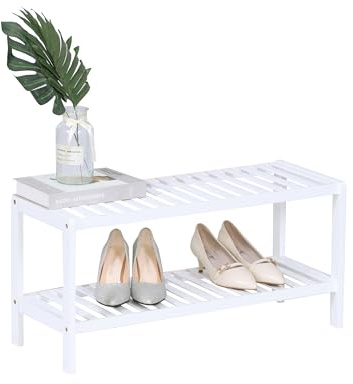 Relaxdays Skohylla, 2 plan, 6 par skor, HBT: 33,5 x 70 x 24,5 cm, skoställ med gallerhyllor, bambu, vit