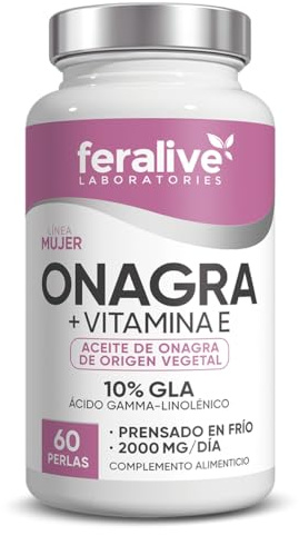 Feralive Laboratories Onagra + Vitamina E 60 Perlas – Aceite de Onagra 2000 mg Prensado en Frío con 10% GLA (Omega 6) – Suplemento para Ciclo Menstrual, Piel, SPM y Bienestar Femenino