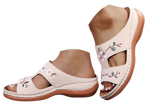 Uwdiohq Ciabatte Donna Estive Moda e Comode Ortopediche con Zeppa Punta Aperta, Sandali con Ricamo Floreale, Antiscivolo Adatti per Spiaggia e Tempo Libero Quotidiano Beige 40