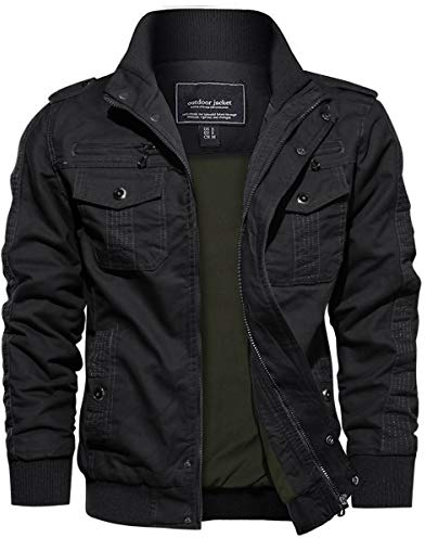 EKLENTSON Chaqueta Exterior para Hombre Chaqueta Cortavientos Clásica de Algodón con Bolsillos Cremallera, Negro, M