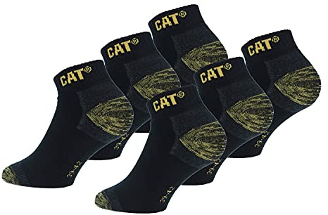 Caterpillar 6 Pares Calcetines Hasta el Tobillo de Trabajo, Plantilla de Esponja de Algodón, Doble Refuerzo en la Puntera y Talón (Negro, 47-50)