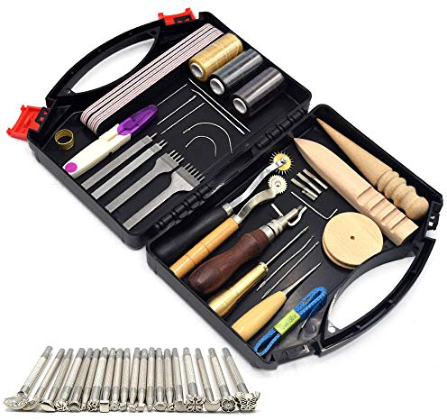 59 Stück Leder Carft Punch Tools Kit Nähen Schnitzen Arbeiten Nähen Sattel Groover Leder Craft DIY Tool Leder Werkzeuge Perfekt zum Nähen Stanzen Schneiden Nähen Leder Craft Making